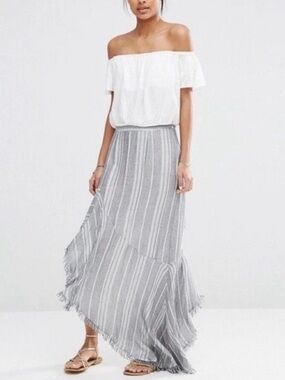 Jetset Diaries Las Rayas Maxi Skirt Gray White Stripe Asym Fringe Womens L